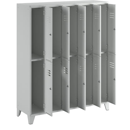 Berlin 2 double deck clothes locker, 5 compartments, light grey, width 1500 mm, flat roof shape.