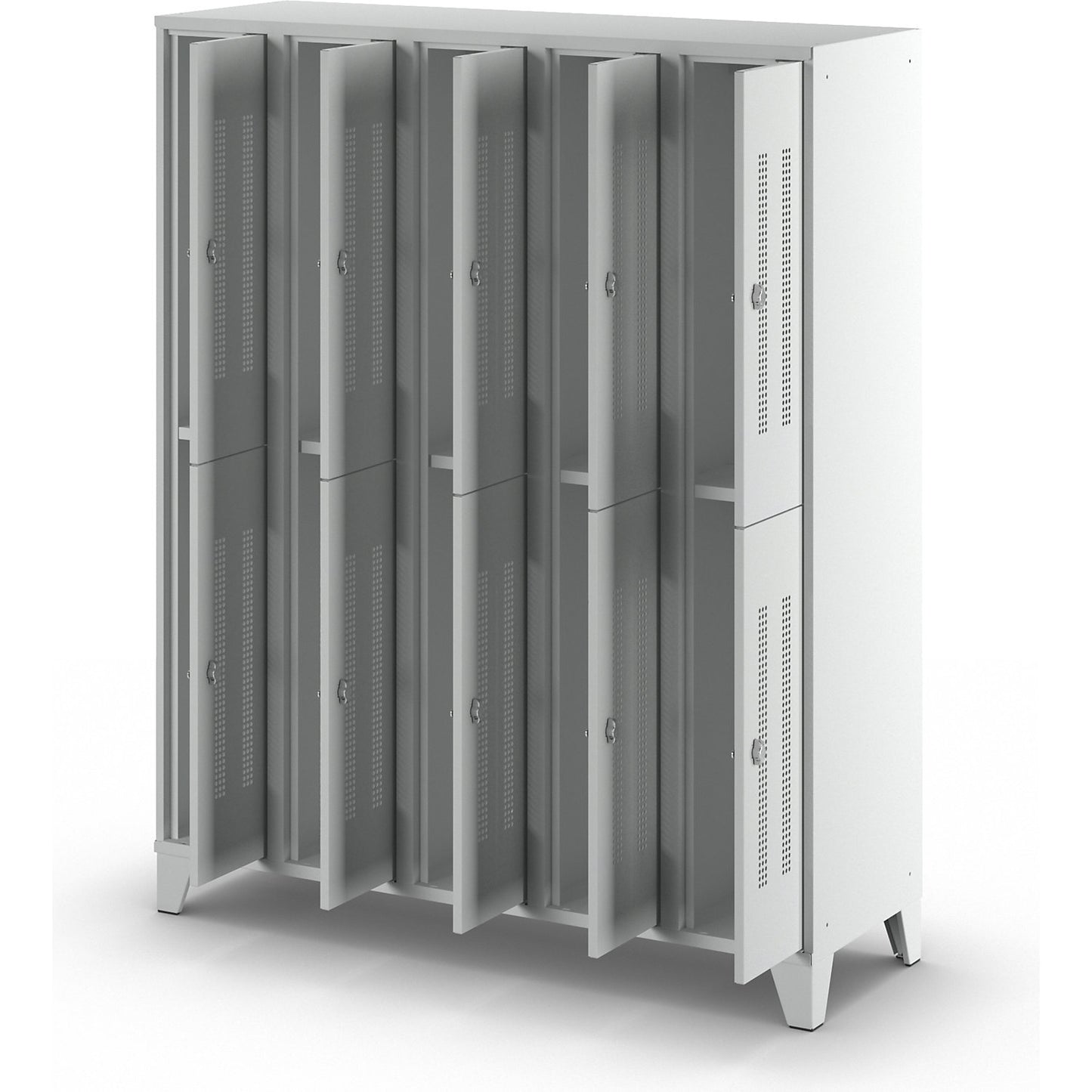 Berlin 1 double deck clothes locker, 5 sections, light grey, width 1500 mm, 10 compartments.