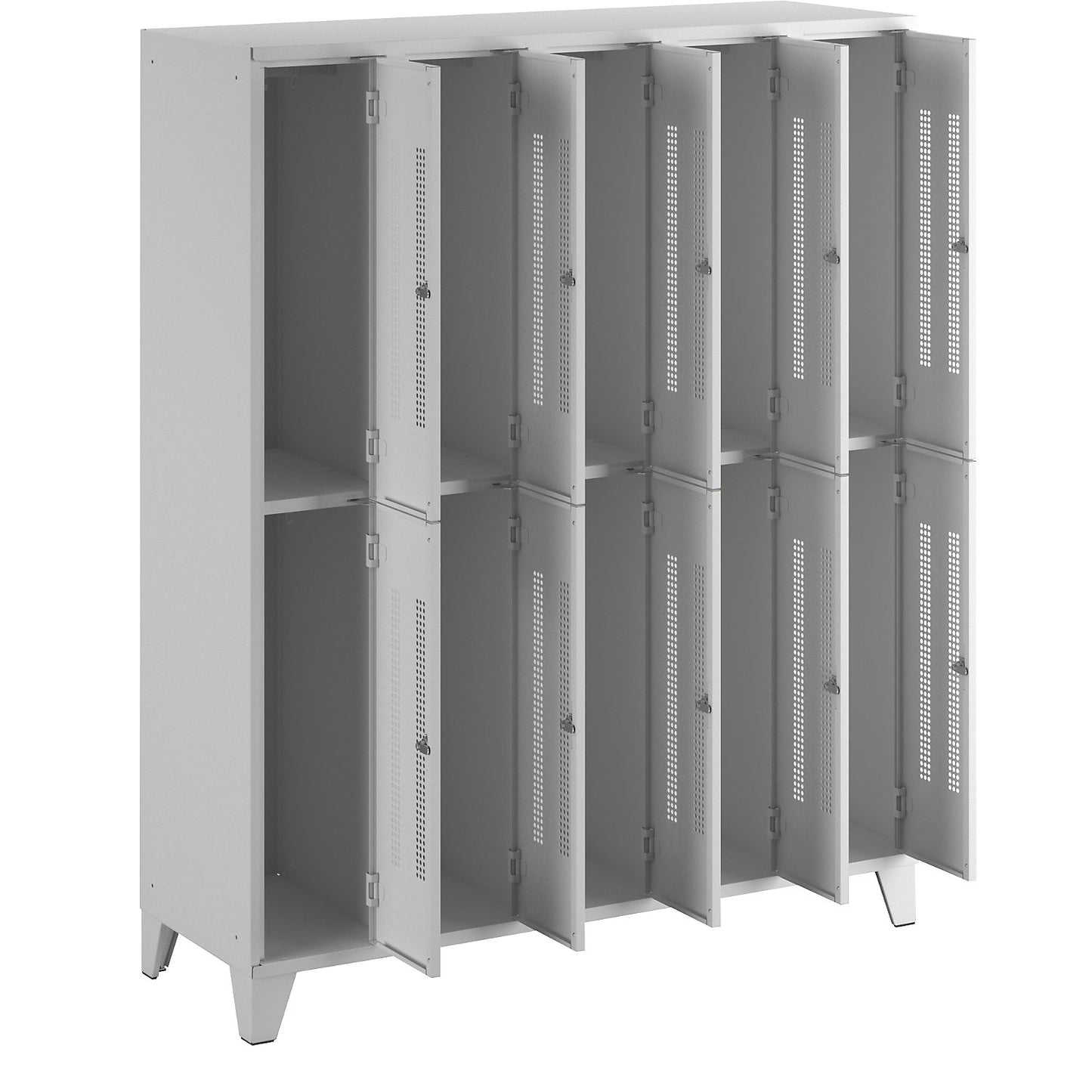 Berlin 1 double deck clothes locker, 5 sections, light grey, width 1500 mm, 10 compartments.