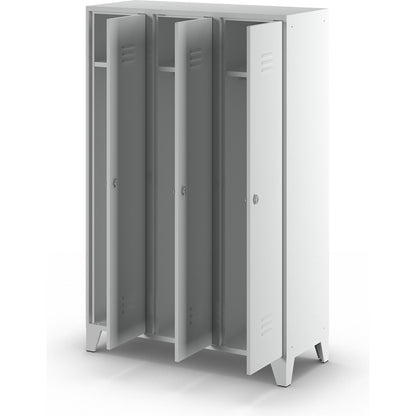 Berlin 2 clothes locker, 3 compartments, light grey, width 1200 mm, flat roof shape.