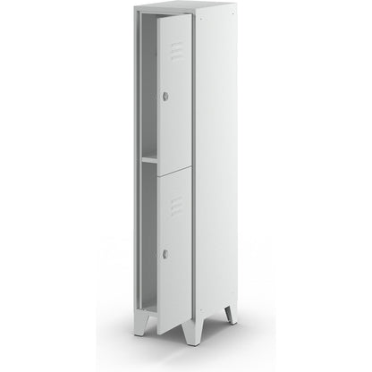 Berlin 2 double deck clothes locker, 1 compartment, light grey, width 400 mm, flat roof shape.