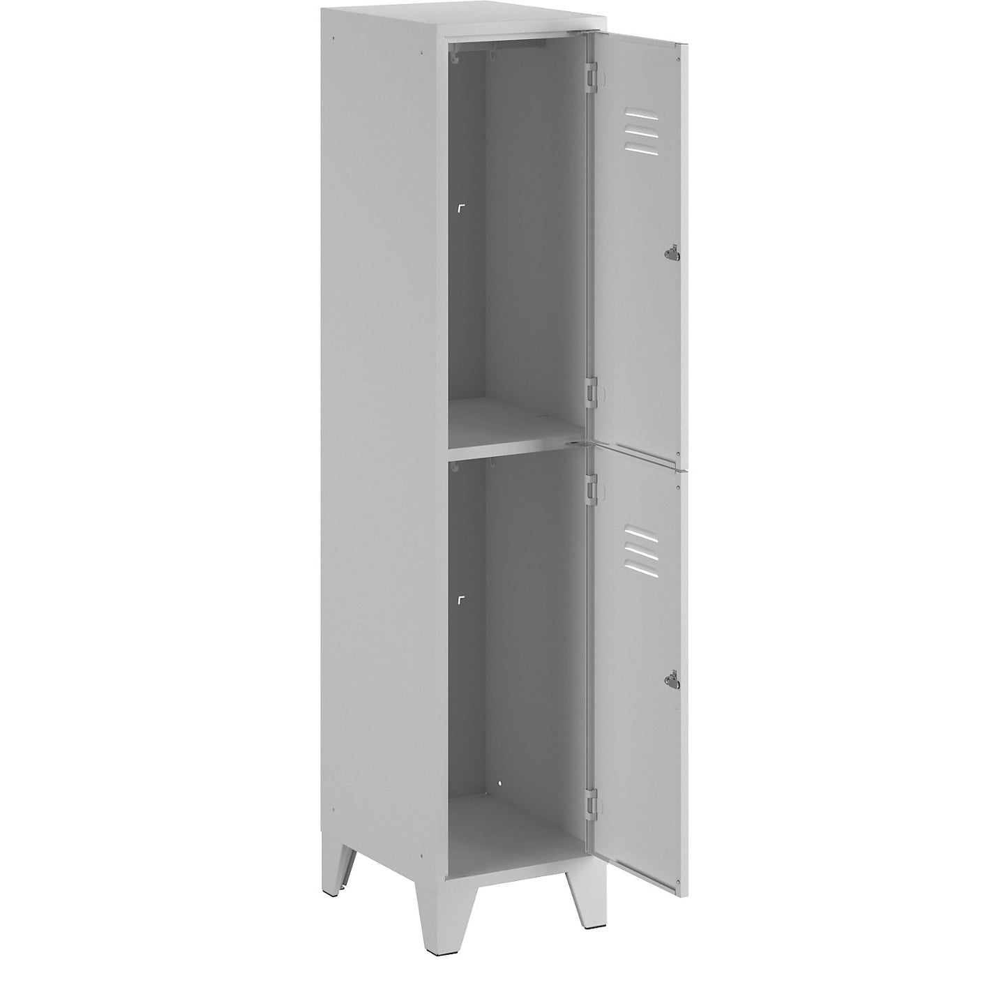 Berlin 2 double deck clothes locker, 1 compartment, light grey, width 400 mm, flat roof shape.