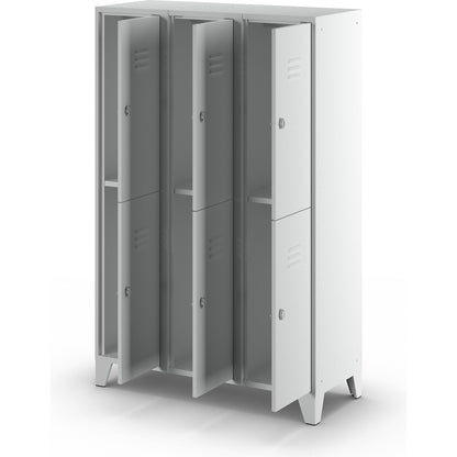 Berlin 2 double deck clothes locker, 3 compartments, light grey, width 1200 mm, flat roof shape.