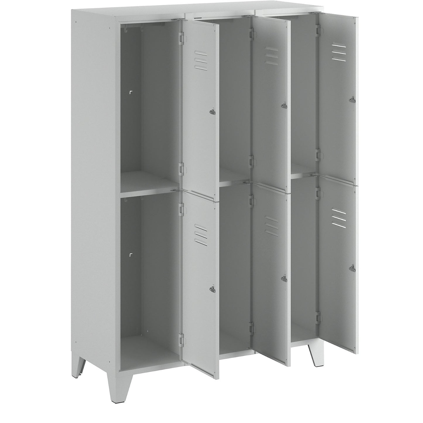 Berlin 2 double deck clothes locker, 3 compartments, light grey, width 1200 mm, flat roof shape.