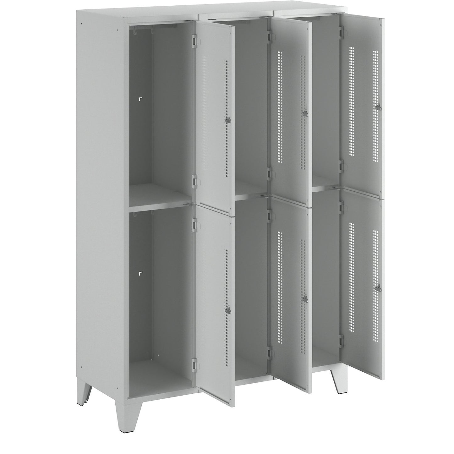 Berlin 1 double deck clothes locker, 3 sections, light grey, width 1200 mm, 6 compartments.