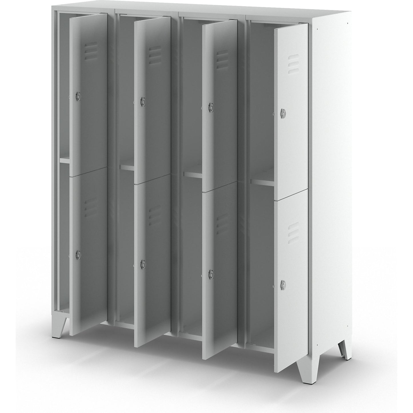 Berlin 2 double deck clothes locker, 4 compartments, light grey, width 1600 mm, flat roof shape.