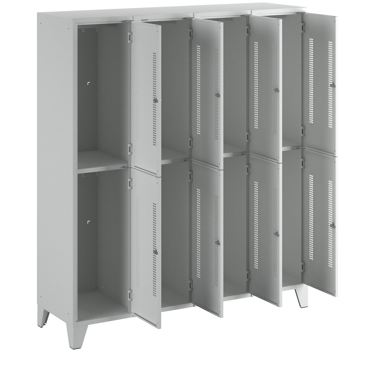 Berlin 1 double deck clothes locker, 4 sections, light grey, width 1600 mm, 8 compartments.