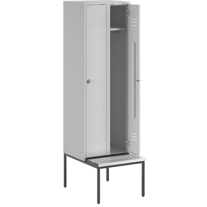 Berlin 2 clothes locker with bench seat, 2 compartments, light grey, W 600 mm, bench fitted below, plastic.