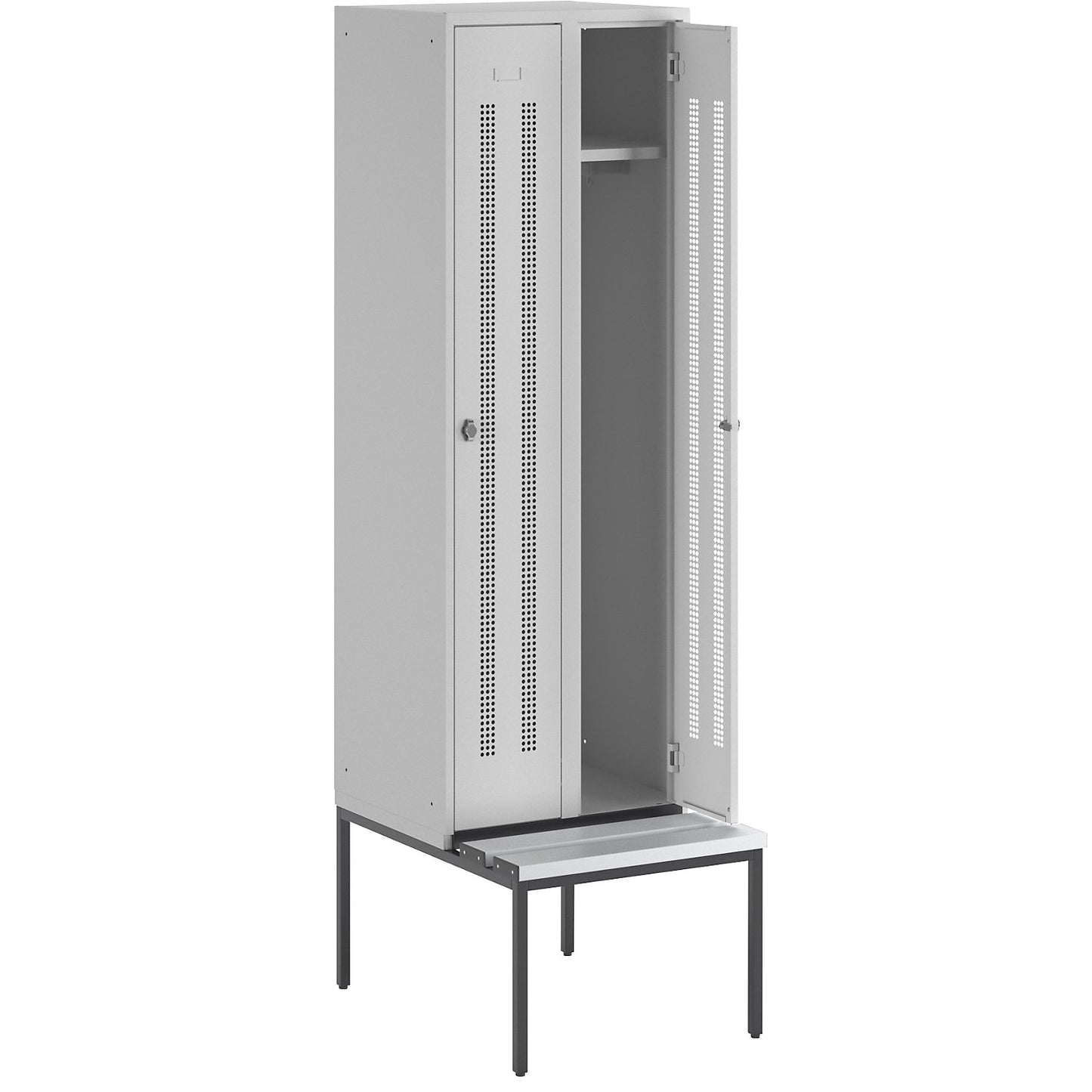 Berlin 1 bench seat clothes locker, 2 compartments, light grey, W 600 mm, bench fitted below, plastic.