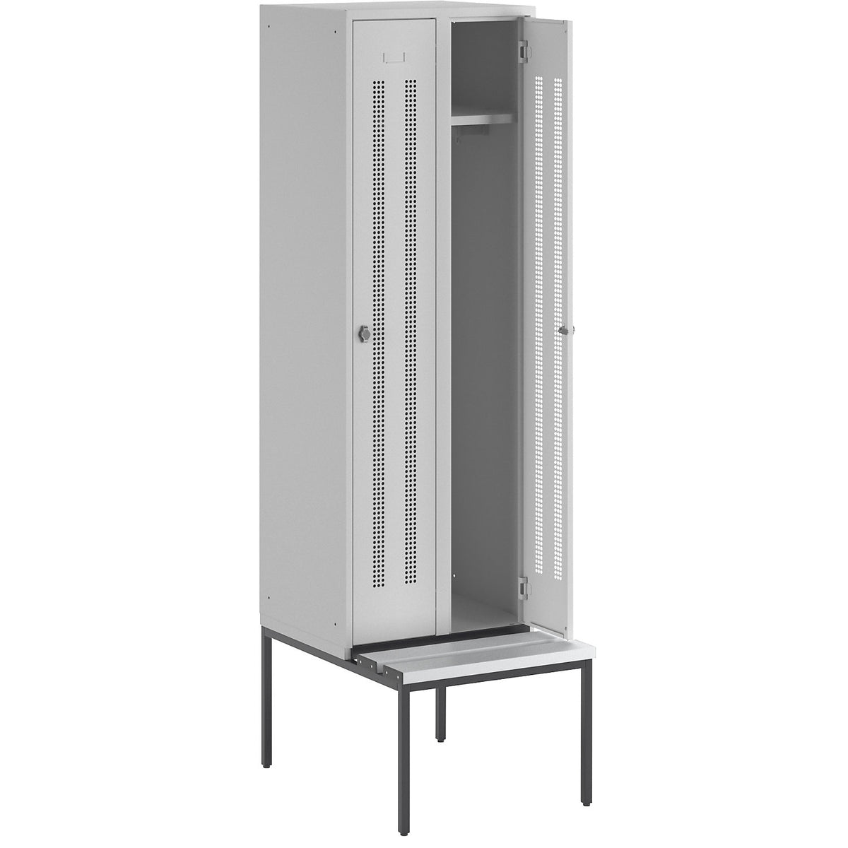 Berlin 1 bench seat clothes locker, 2 compartments, light grey, W 600 mm, bench fitted below, plastic.