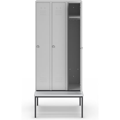 Berlin 2 clothes locker with bench seat, 3 compartments, light grey, W 900 mm, bench fitted below, plastic.