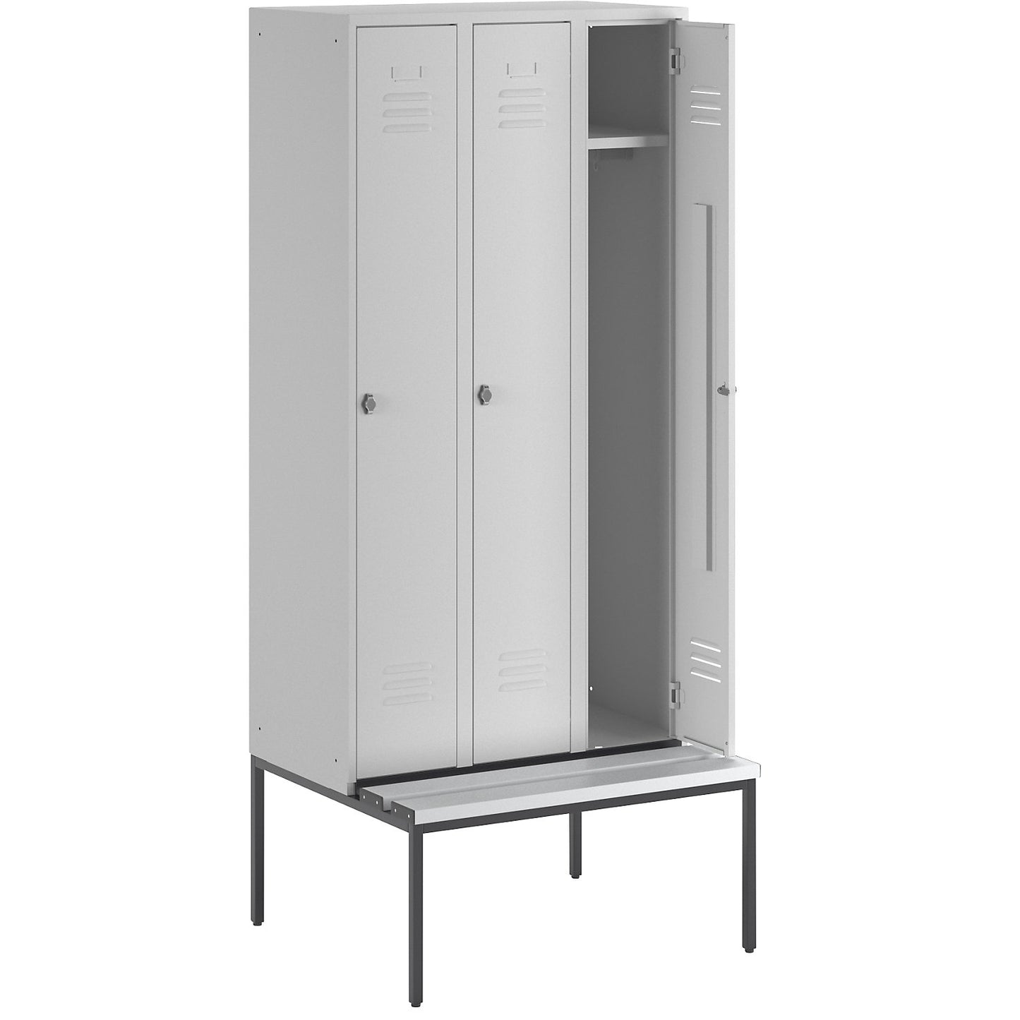 Berlin 2 clothes locker with bench seat, 3 compartments, light grey, W 900 mm, bench fitted below, plastic.