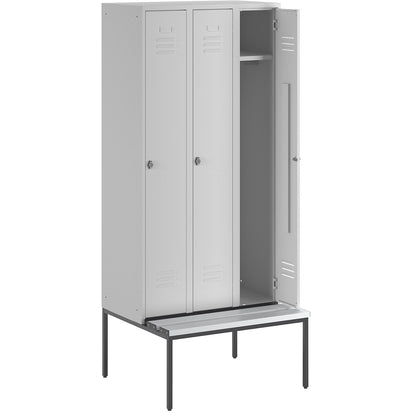 Berlin 2 clothes locker with bench seat, 3 compartments, light grey, W 900 mm, bench fitted below, plastic.