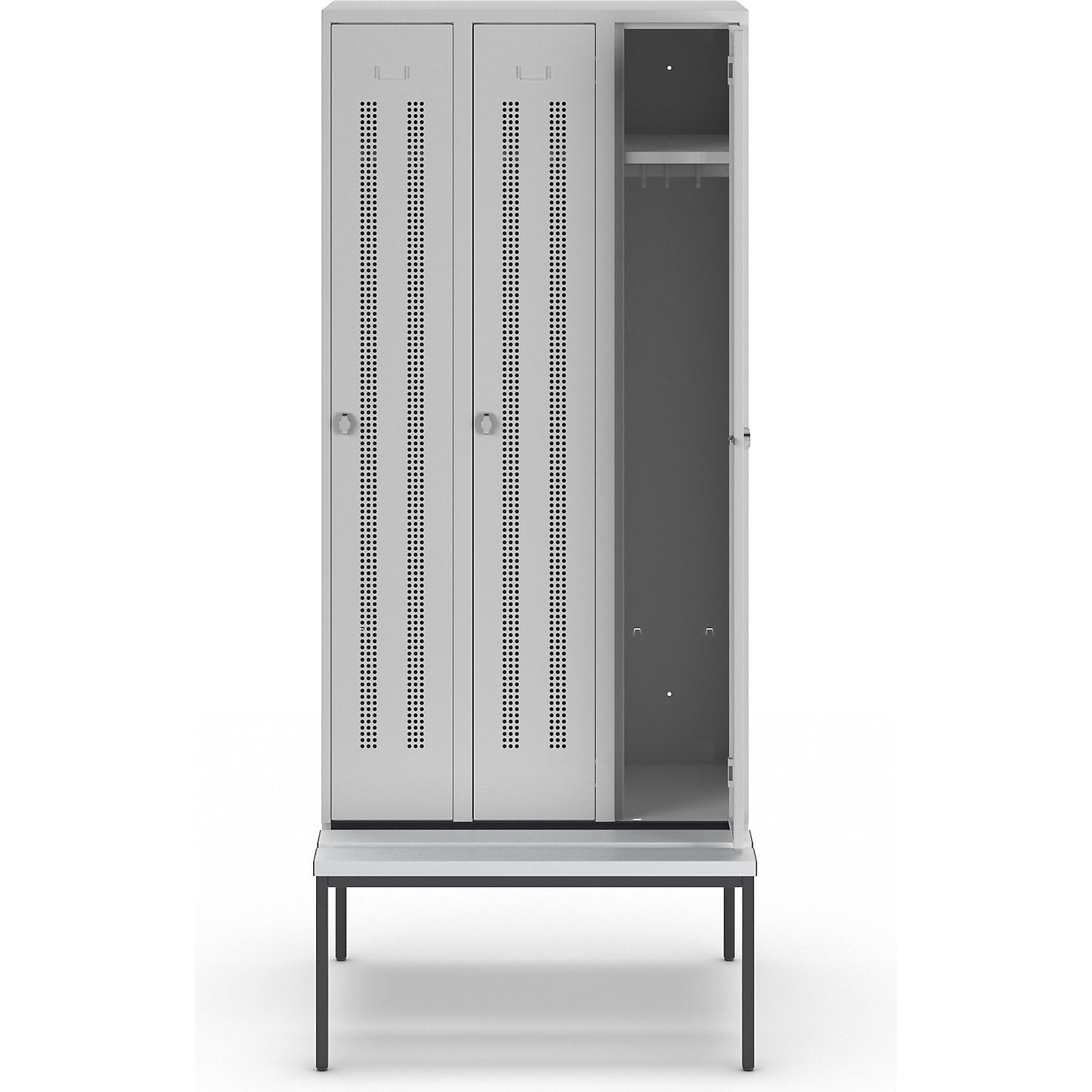 Berlin 1 bench seat clothes locker, 3 compartments, light grey, W 900 mm, bench fitted below, plastic.