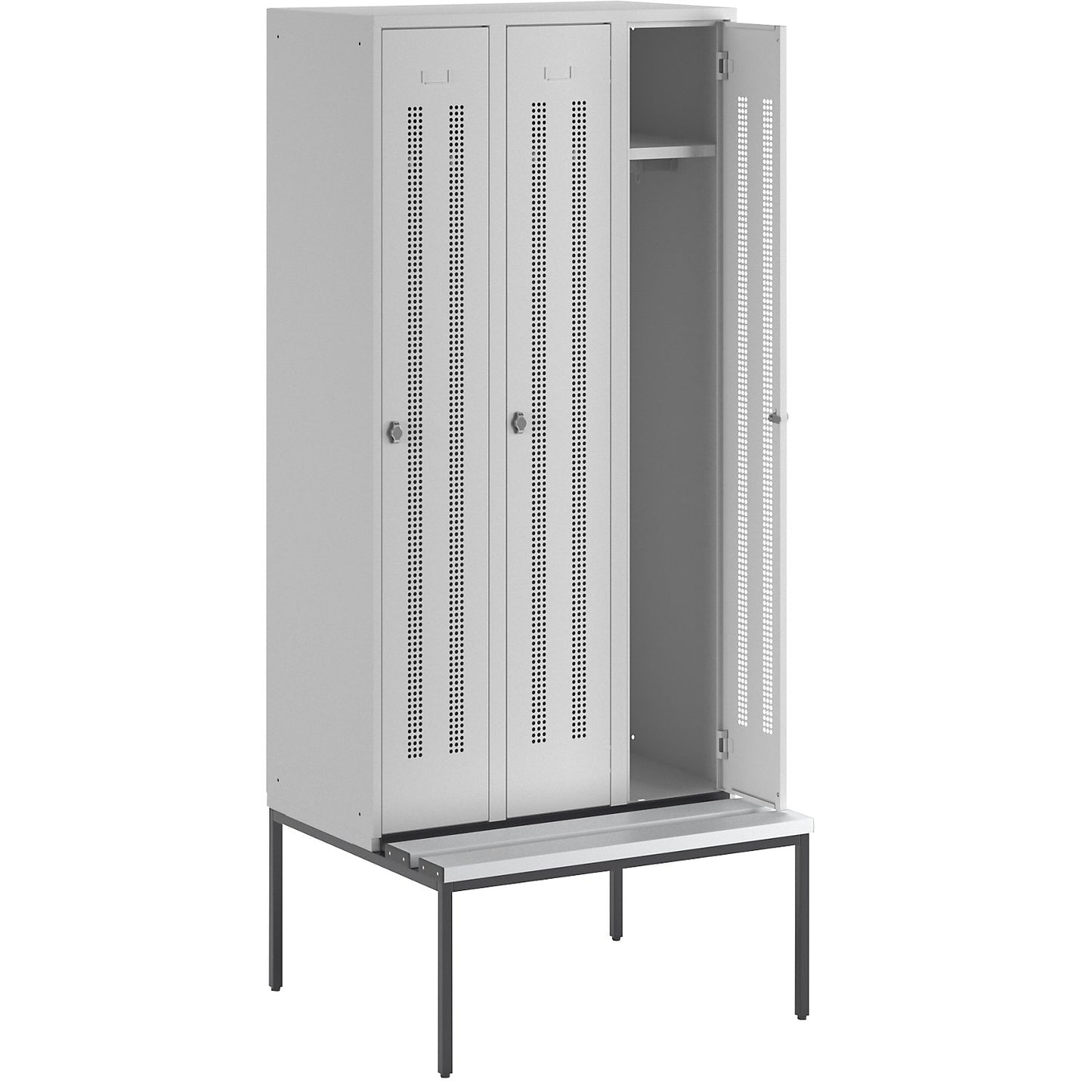 Berlin 1 bench seat clothes locker, 3 compartments, light grey, W 900 mm, bench fitted below, plastic.