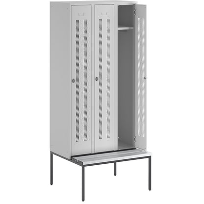 Berlin 1 bench seat clothes locker, 3 compartments, light grey, W 900 mm, bench fitted below, plastic.