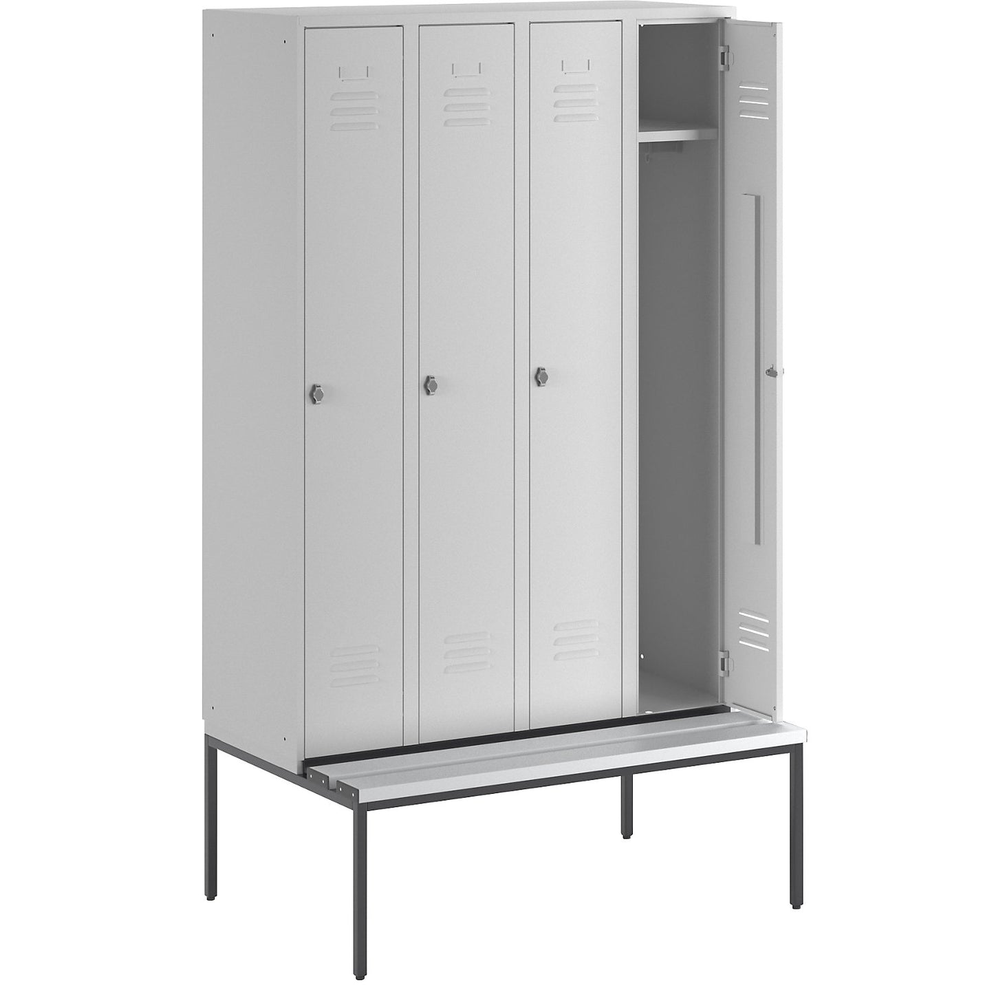 Berlin 2 clothes locker with bench seat, 4 compartments, light grey, W 1200 mm, bench fitted below, plastic.