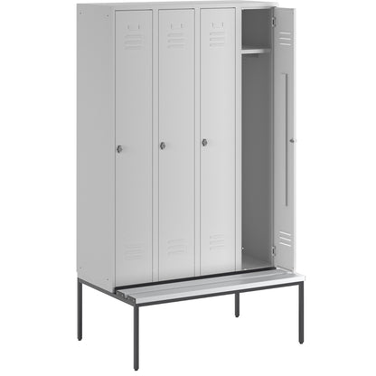 Berlin 2 clothes locker with bench seat, 4 compartments, light grey, W 1200 mm, bench fitted below, plastic.