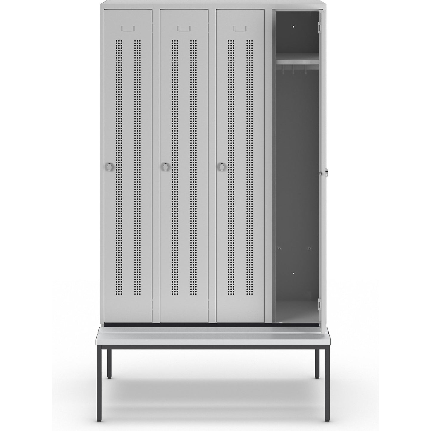 Berlin 1 bench seat clothes locker, 4 compartments, light grey, W 1200 mm, bench fitted below, plastic.