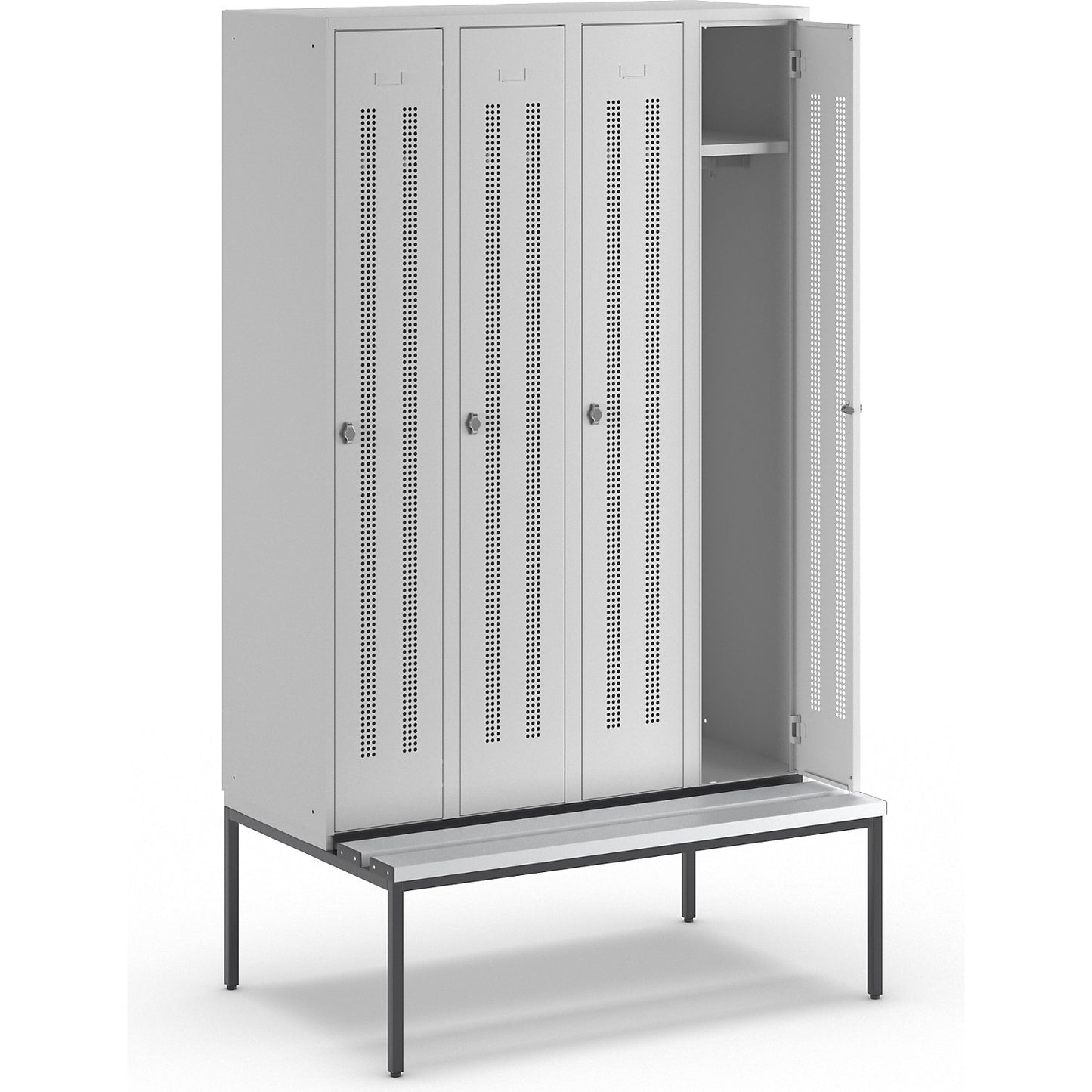 Berlin 1 bench seat clothes locker, 4 compartments, light grey, W 1200 mm, bench fitted below, plastic.