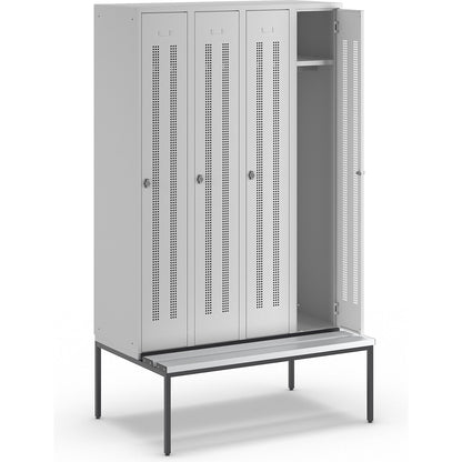 Berlin 1 bench seat clothes locker, 4 compartments, light grey, W 1200 mm, bench fitted below, plastic.