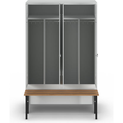 Berlin 2 clean and dirty locker with bench seat, centre divider, 2 compartments, light grey, W 1200 mm, bench mounted in front, beech wood.