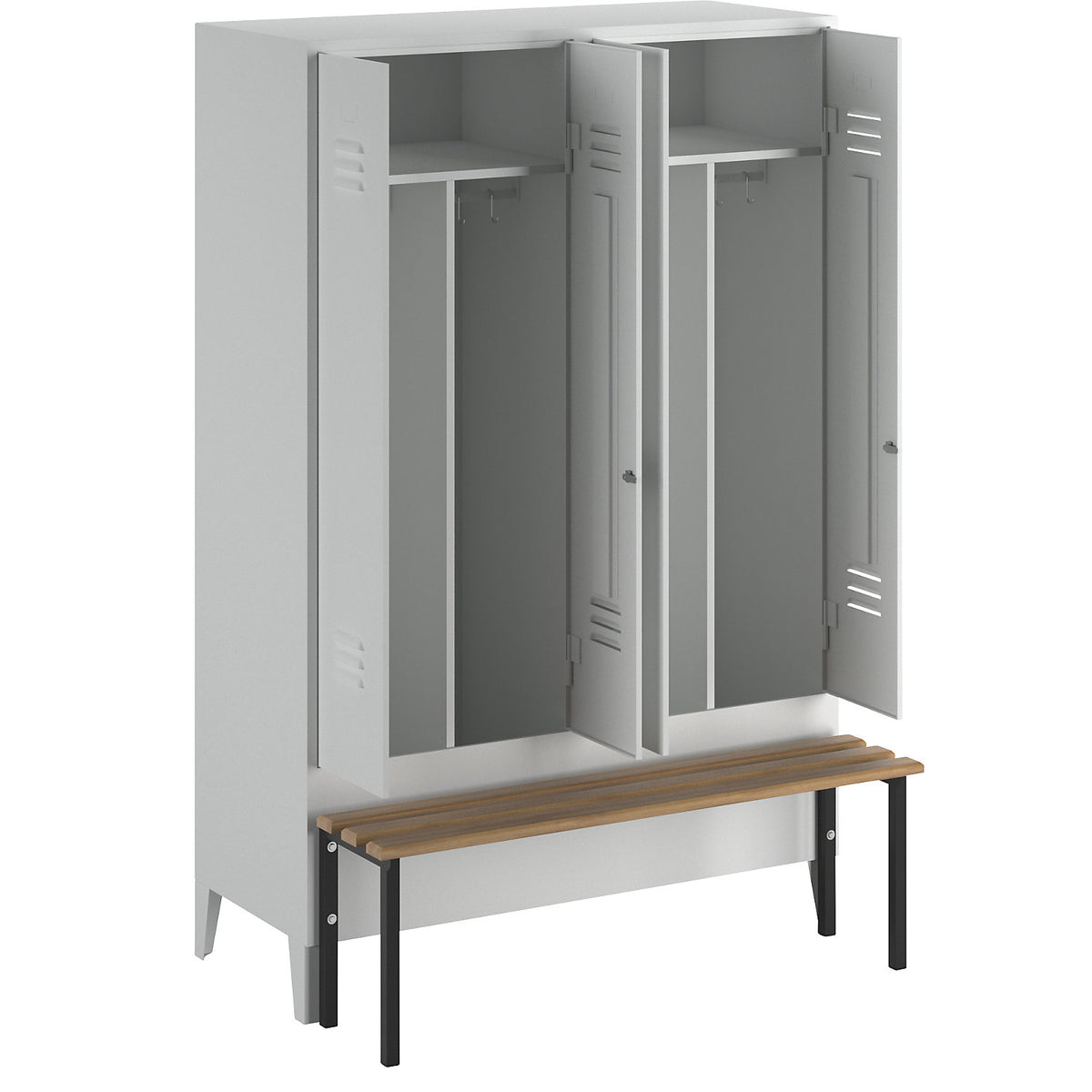 Berlin 2 clean and dirty locker with bench seat, centre divider, 2 compartments, light grey, W 1200 mm, bench mounted in front, beech wood.