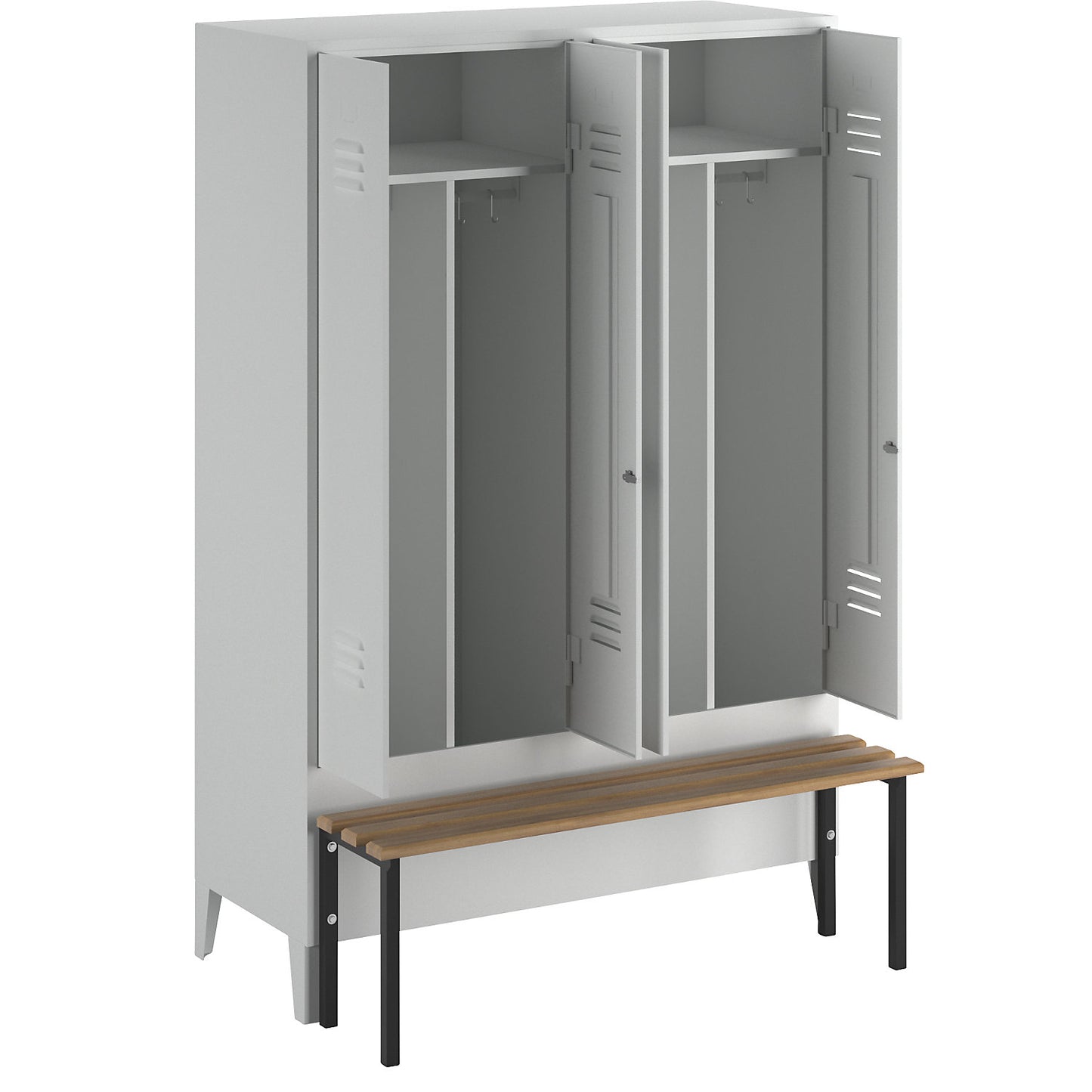 Berlin 2 clean and dirty locker with bench seat, centre divider, 2 compartments, light grey, W 1200 mm, bench mounted in front, beech wood.