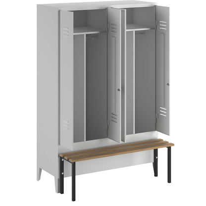 Berlin 2 clean and dirty locker with bench seat, centre divider, 2 compartments, light grey, W 1200 mm, bench mounted in front, beech wood.
