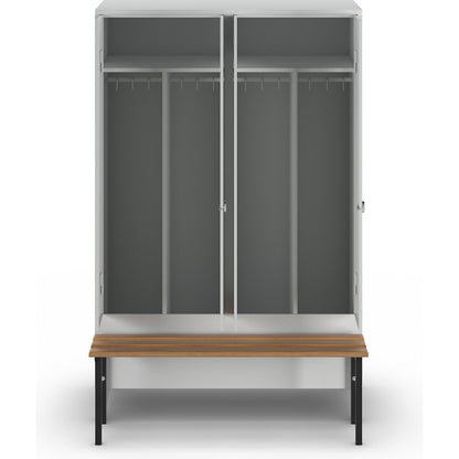 Berlin 1 clean and dirty locker with bench seat, centre divider, 2 compartments, light grey, W 1200 mm, bench mounted in front, beech wood.