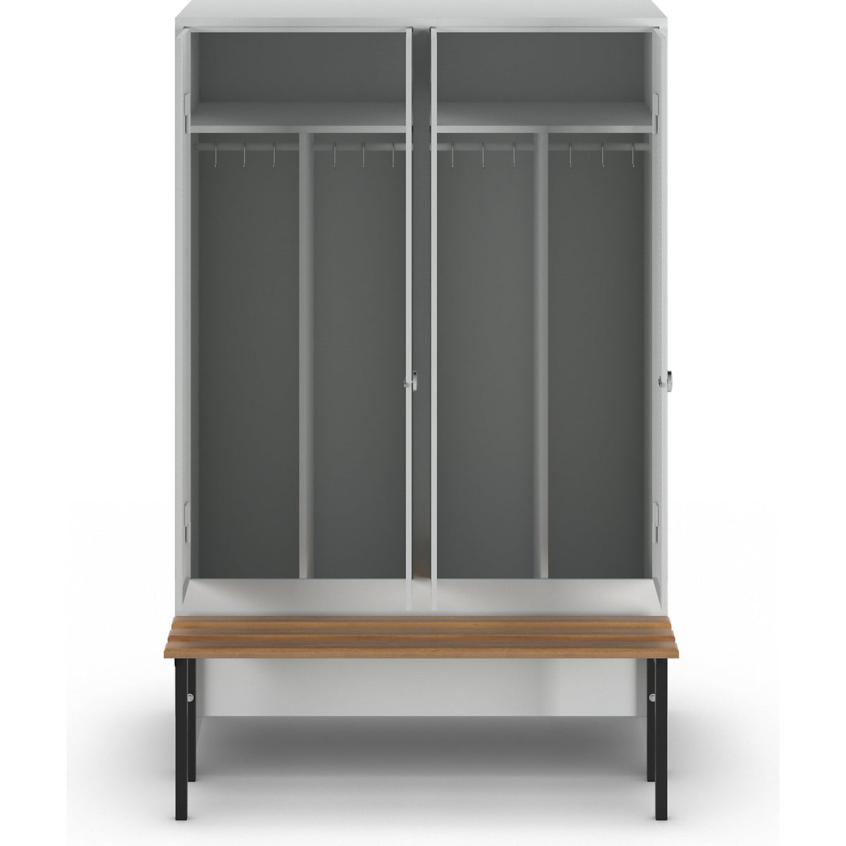 Berlin 1 clean and dirty locker with bench seat, centre divider, 2 compartments, light grey, W 1200 mm, bench mounted in front, beech wood.