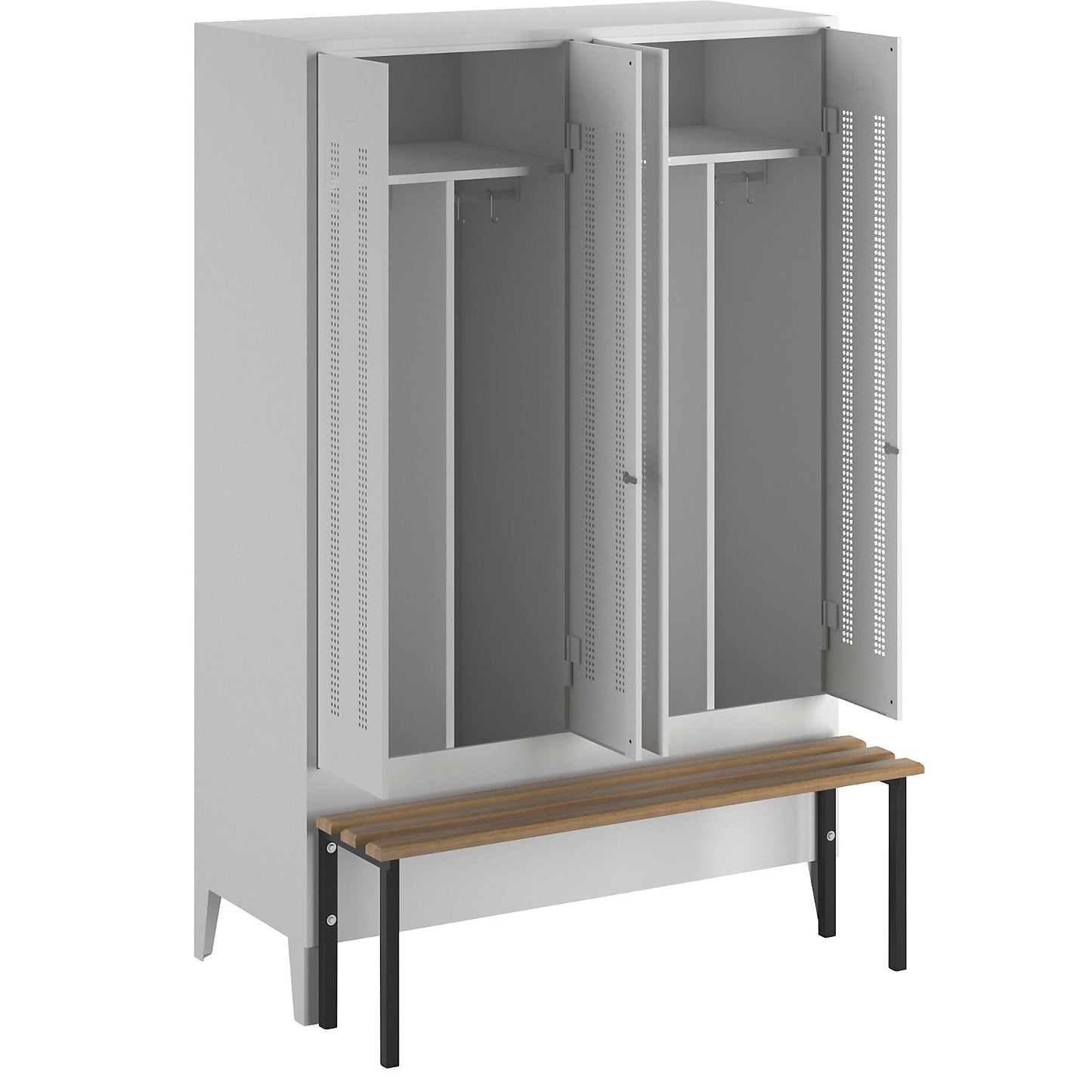 Berlin 1 clean and dirty locker with bench seat, centre divider, 2 compartments, light grey, W 1200 mm, bench mounted in front, beech wood.