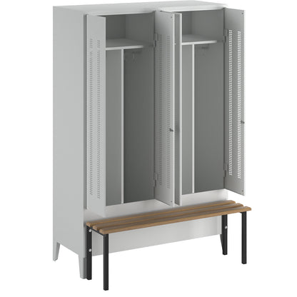 Berlin 1 clean and dirty locker with bench seat, centre divider, 2 compartments, light grey, W 1200 mm, bench mounted in front, beech wood.