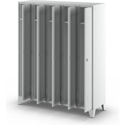 Berlin 2 clothes locker, 5 compartments, light grey, width 1500 mm, flat roof shape.