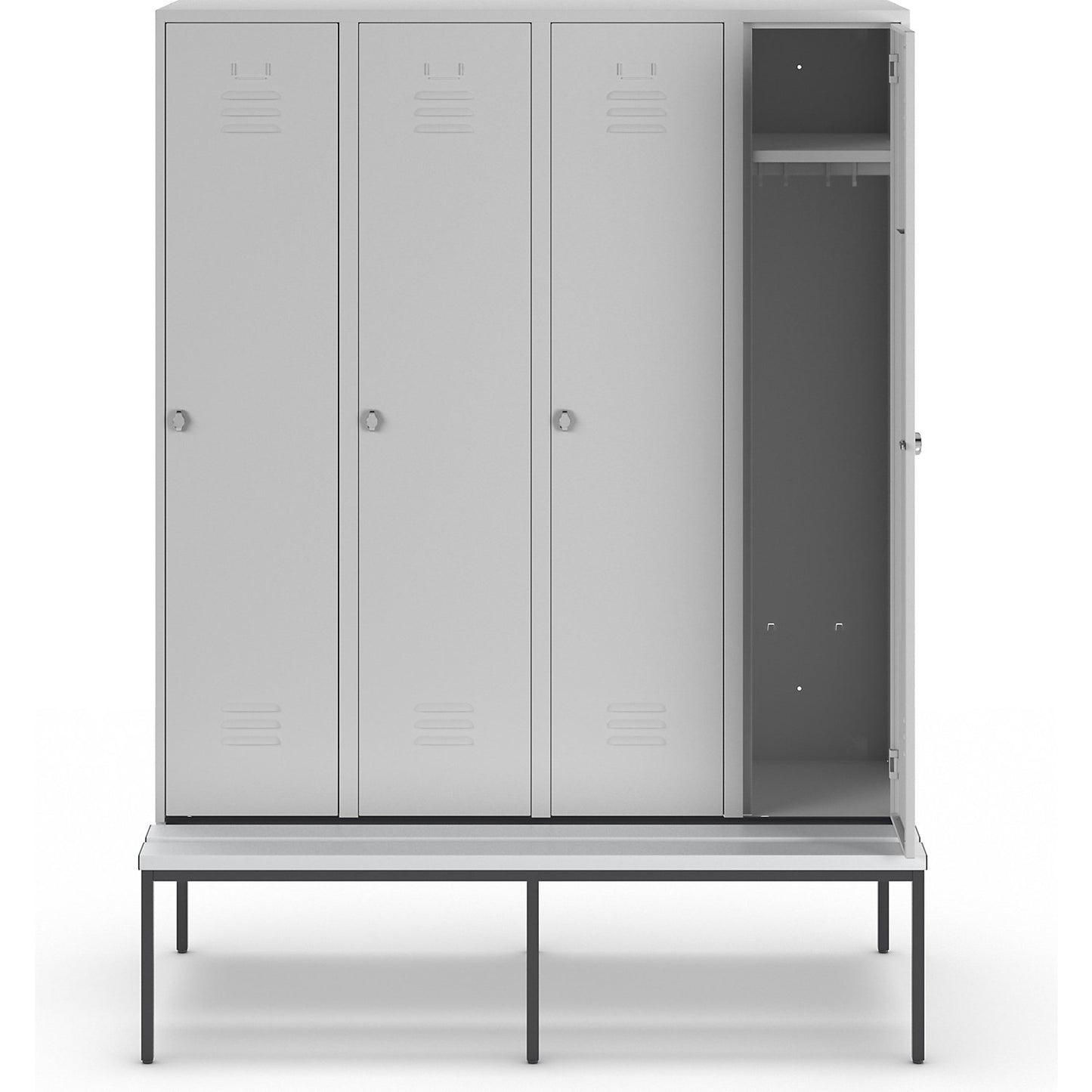 Berlin 2 clothes locker with bench seat, 4 compartments, light grey, W 1600 mm, bench fitted below, plastic.