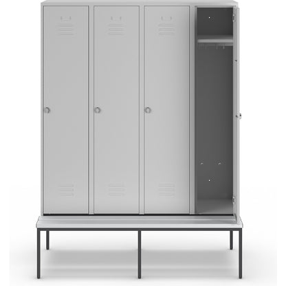 Berlin 2 clothes locker with bench seat, 4 compartments, light grey, W 1600 mm, bench fitted below, plastic.