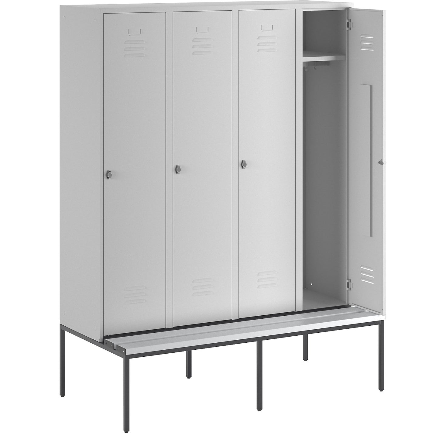 Berlin 2 clothes locker with bench seat, 4 compartments, light grey, W 1600 mm, bench fitted below, plastic.