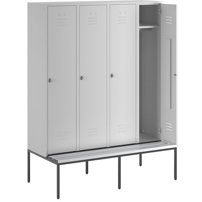 Berlin 2 clothes locker with bench seat, 4 compartments, light grey, W 1600 mm, bench fitted below, plastic.