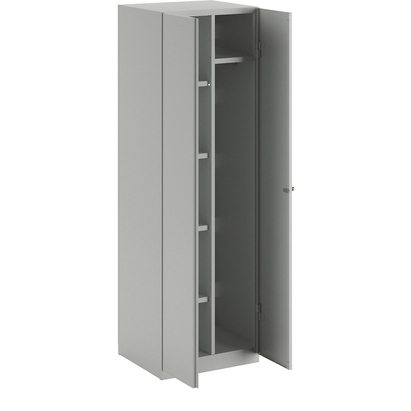 Frankfurt cleaning cupboard, 4 shelves, 1 clothes rail, W 600 mm, light grey doors.