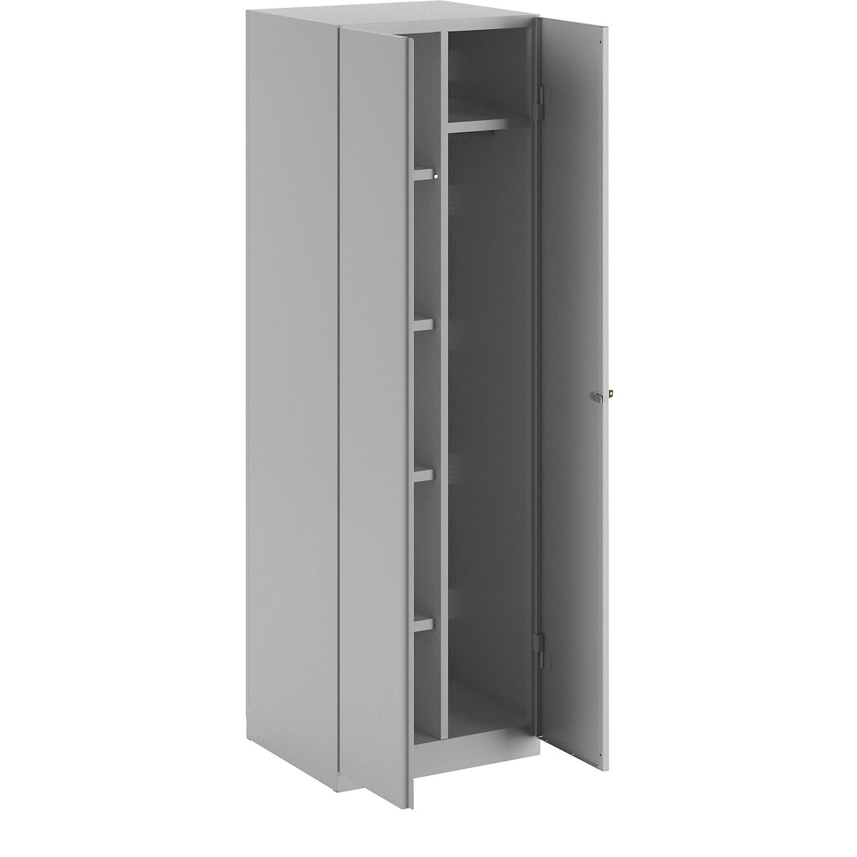Frankfurt cleaning cupboard, 4 shelves, 1 clothes rail, W 600 mm, light grey doors.