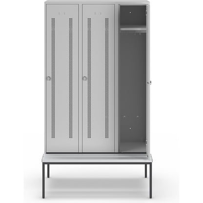 Berlin 1 bench seat clothes locker, 3 compartments, light grey, W 1200 mm, bench fitted below, plastic.