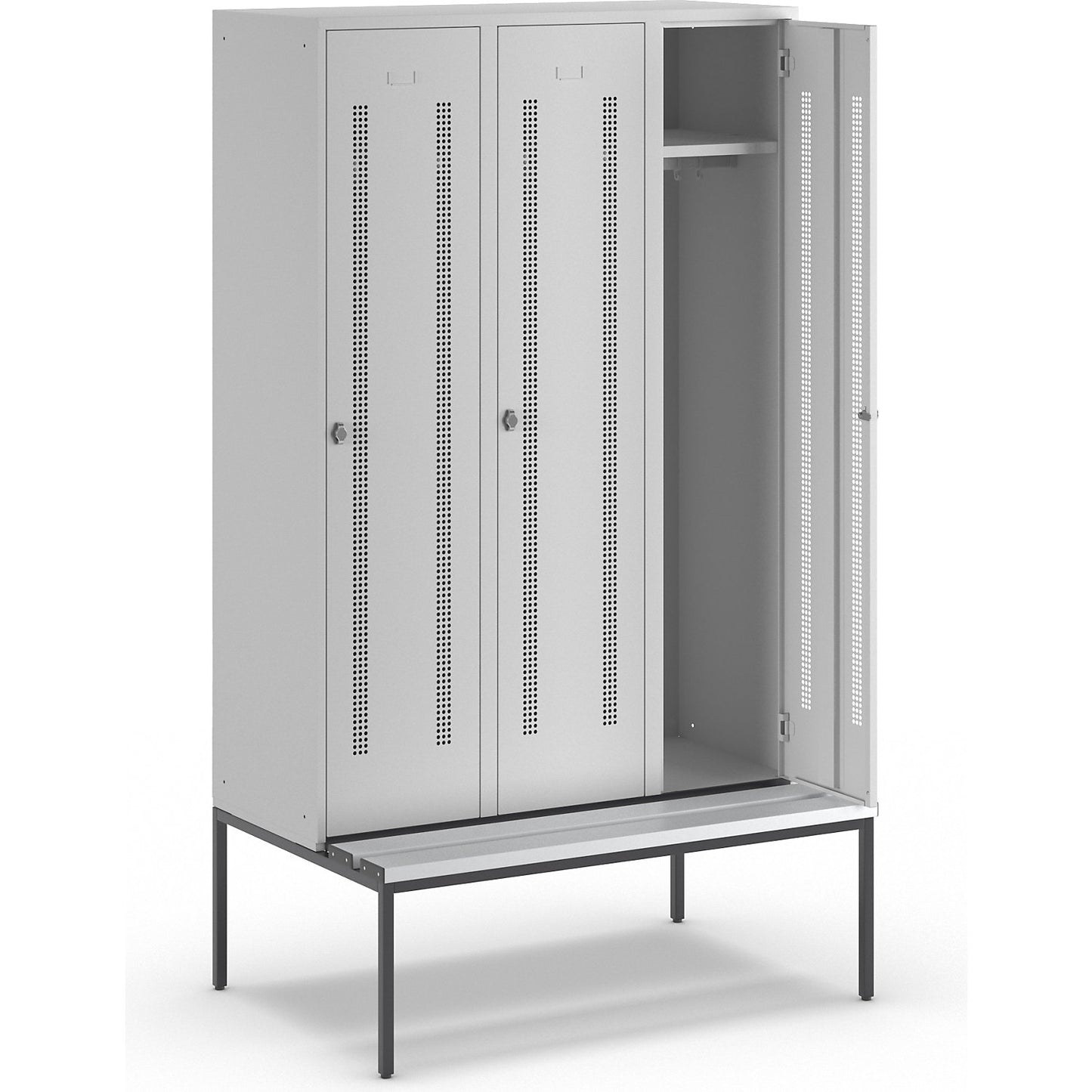Berlin 1 bench seat clothes locker, 3 compartments, light grey, W 1200 mm, bench fitted below, plastic.