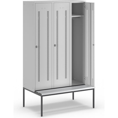 Berlin 1 bench seat clothes locker, 3 compartments, light grey, W 1200 mm, bench fitted below, plastic.