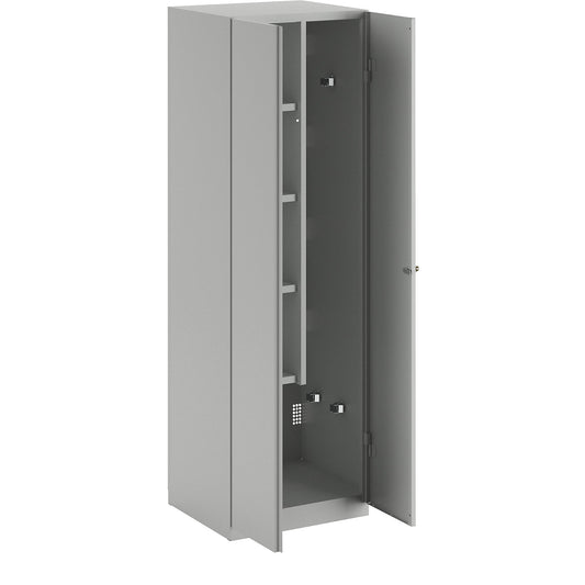 Frankfurt cleaning cupboard, 4 shelves, 5 tool holders, W 600 mm, light grey doors.