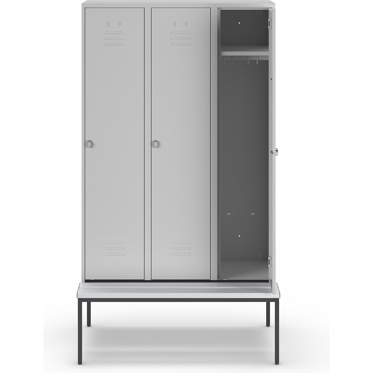 Berlin 2 clothes locker with bench seat, 3 compartments, light grey, W 1200 mm, bench fitted below, plastic.