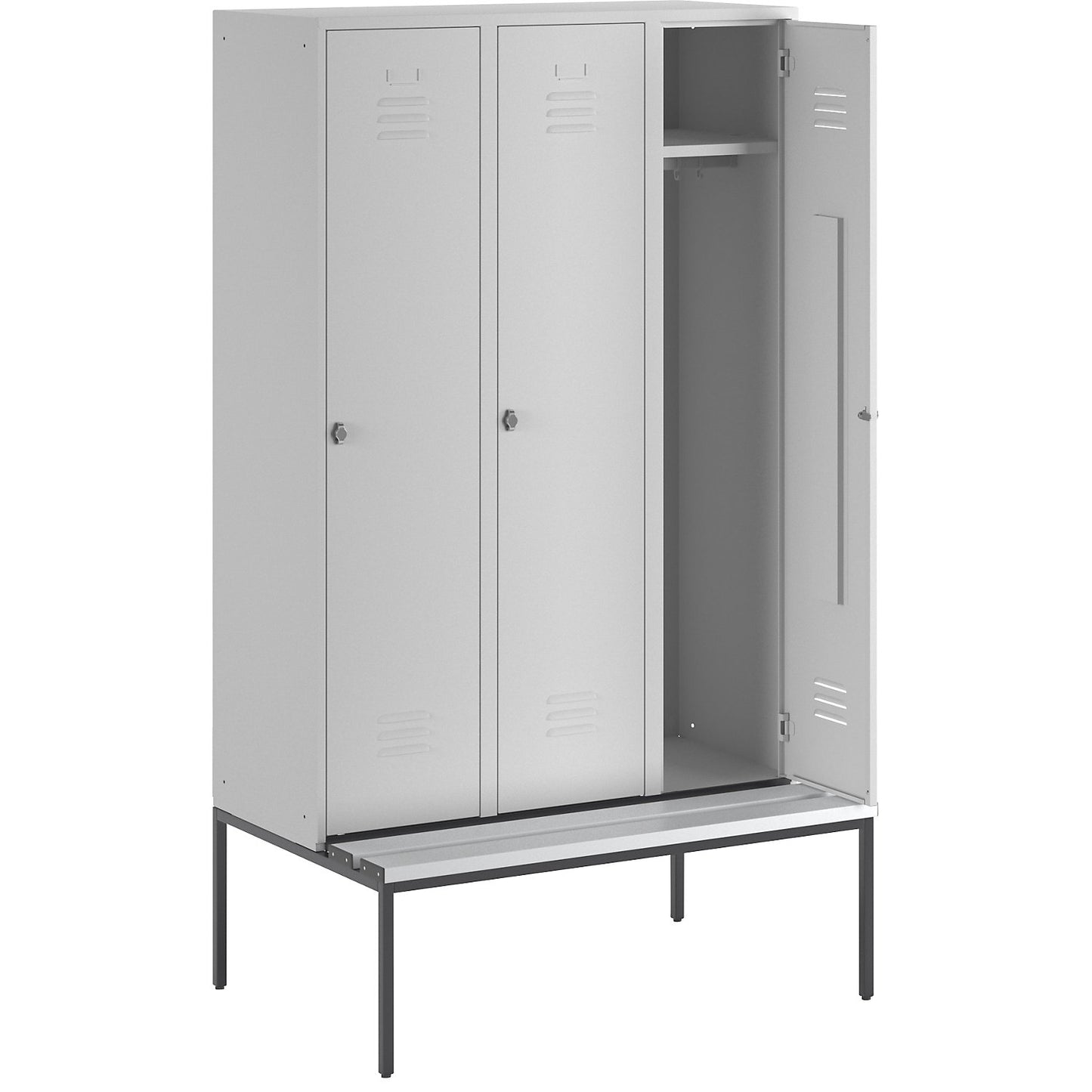 Berlin 2 clothes locker with bench seat, 3 compartments, light grey, W 1200 mm, bench fitted below, plastic.