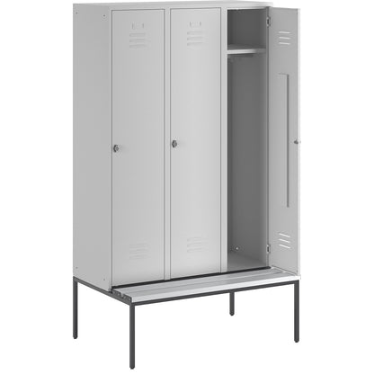 Berlin 2 clothes locker with bench seat, 3 compartments, light grey, W 1200 mm, bench fitted below, plastic.
