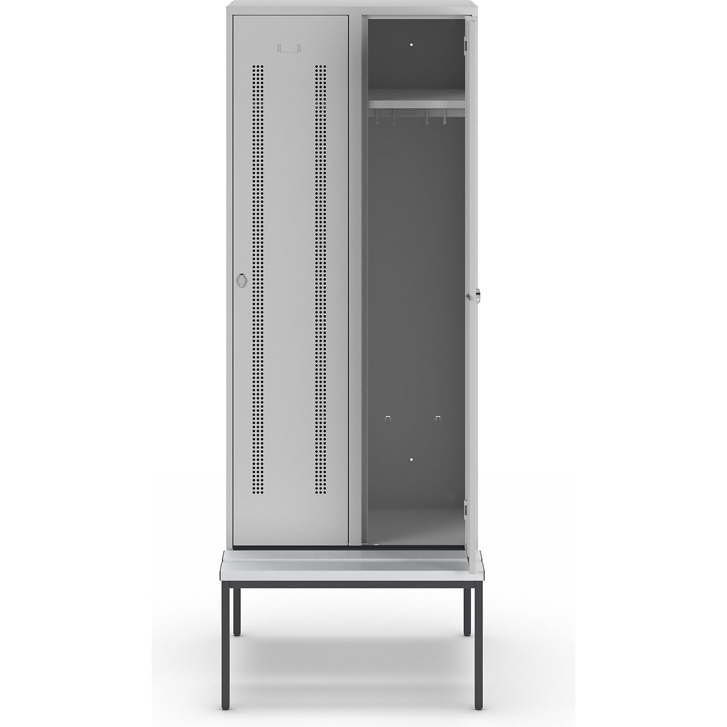 Berlin 1 bench seat clothes locker, 2 compartments, light grey, W 800 mm, bench fitted below, plastic.