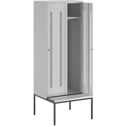 Berlin 1 bench seat clothes locker, 2 compartments, light grey, W 800 mm, bench fitted below, plastic.
