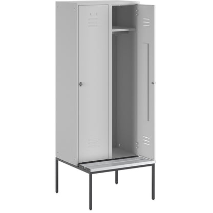 Berlin 2 clothes locker with bench seat, 2 compartments, light grey, W 800 mm, bench fitted below, plastic.